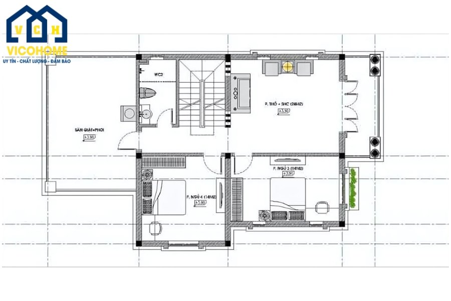 Mặt bằng công năng tầng 2 nhà 2 tầng 4 phòng ngủ 80m2